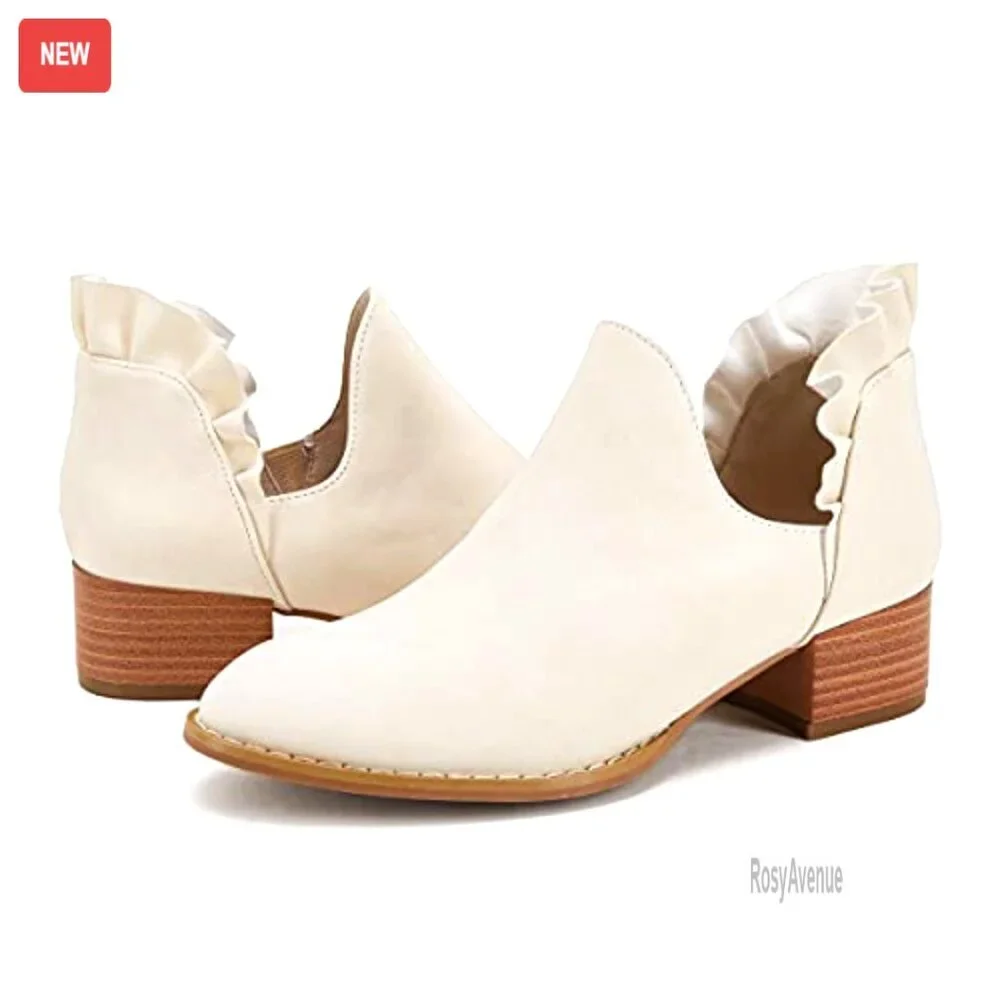 Ruffled V-Cut Ankle Boots Pointed Toe Chunky Low Heel Western Booties